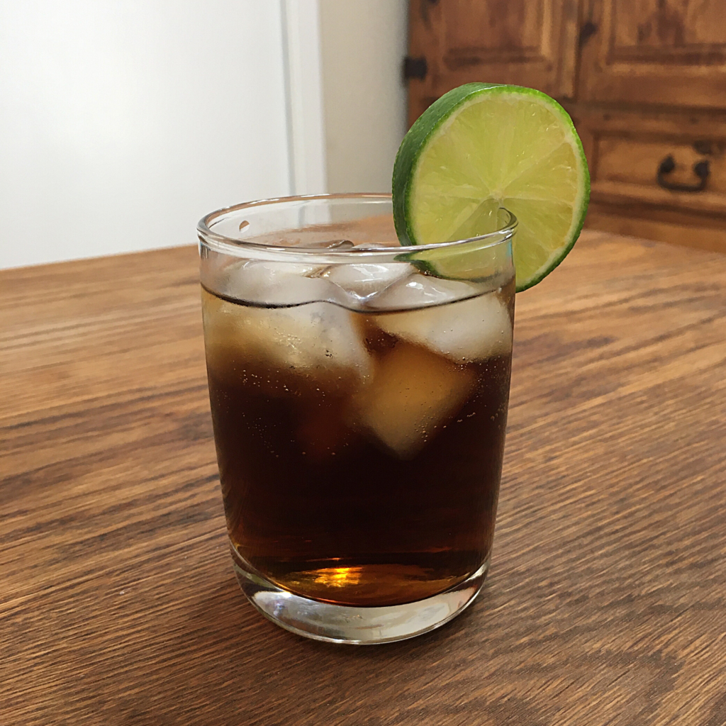 Dark brown cocktail with ice and a lime wheel garnish, sitting on a wooden table