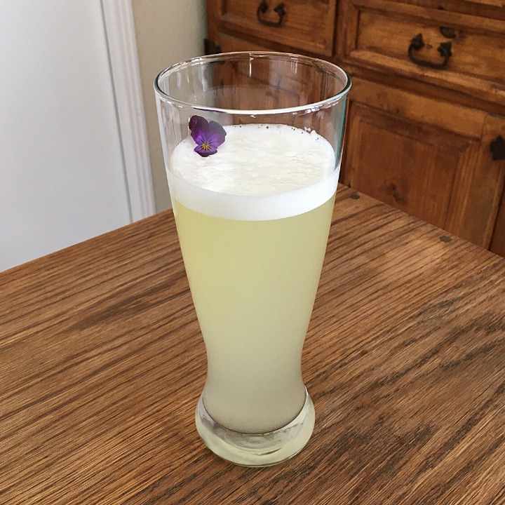 Gin Fizz cocktail in a tall beer glass with a purple flower garnish, sitting on a wooden table