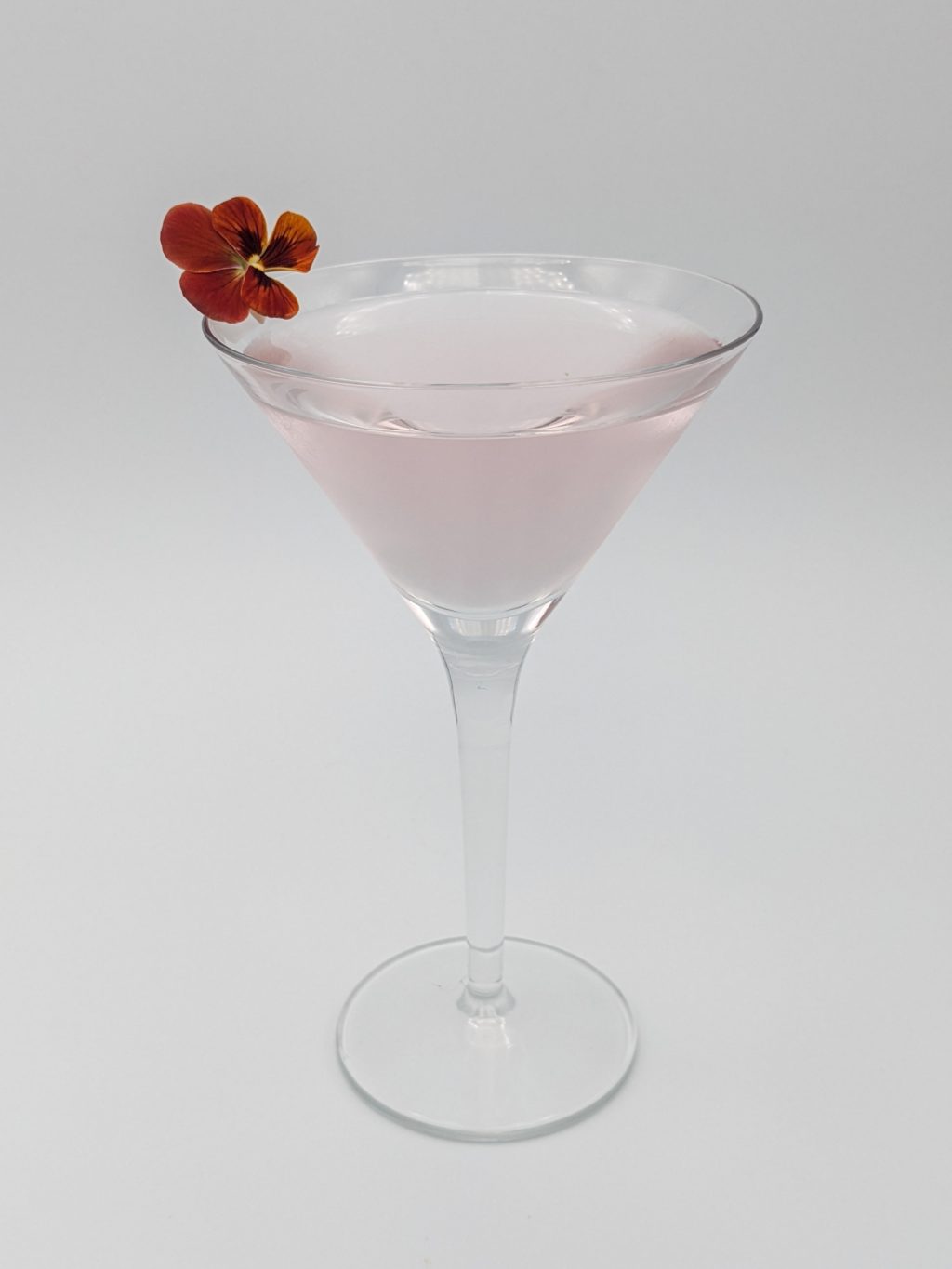 light pink liquid in a martini glass with a red and orange pansy flower as garnish