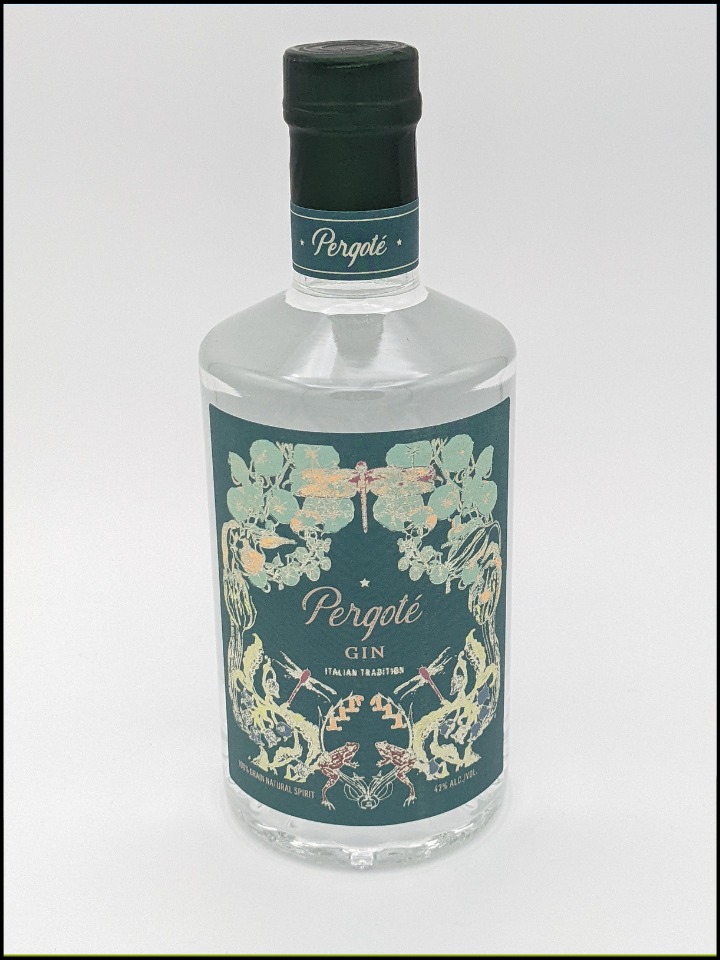 clear bottle with a dark green label with illustrations of insects and leaves
