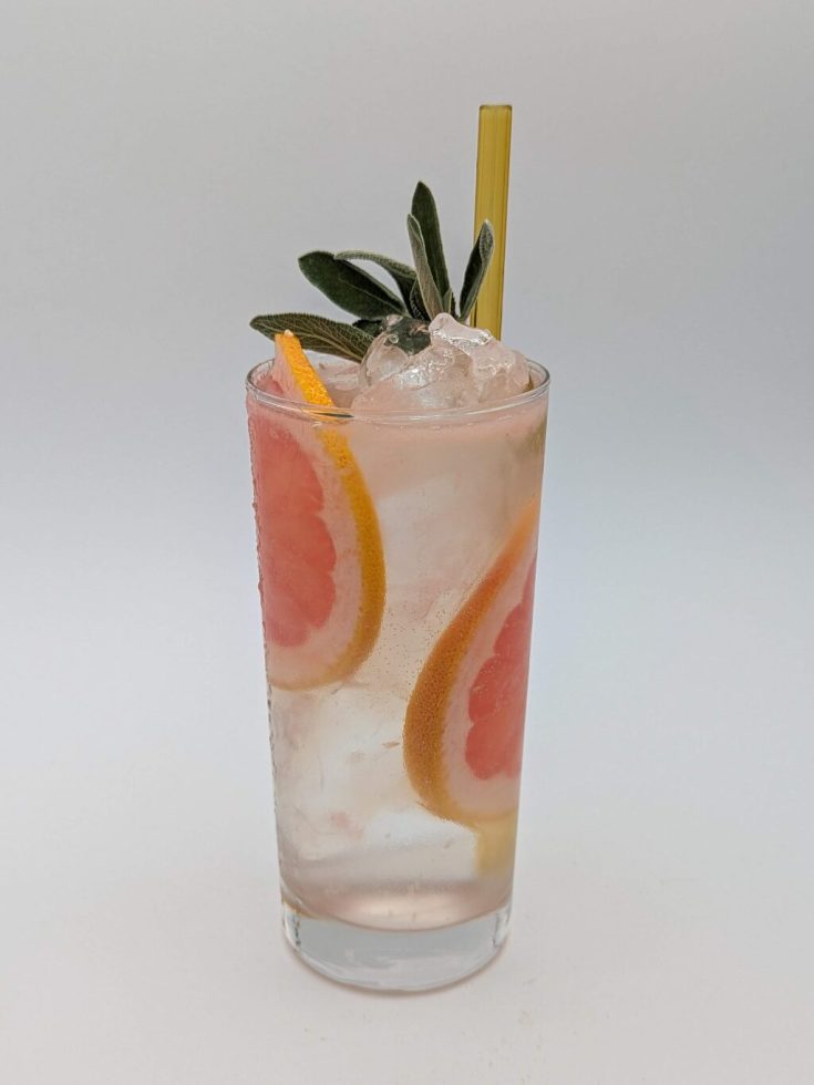 light pink liquid in a tall glass with grapefruit slices and sage garnish