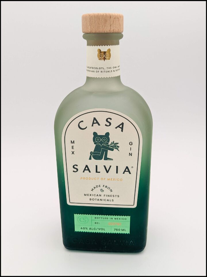 green glass bottle with green and lettering and Casa Salvia Gin Logo